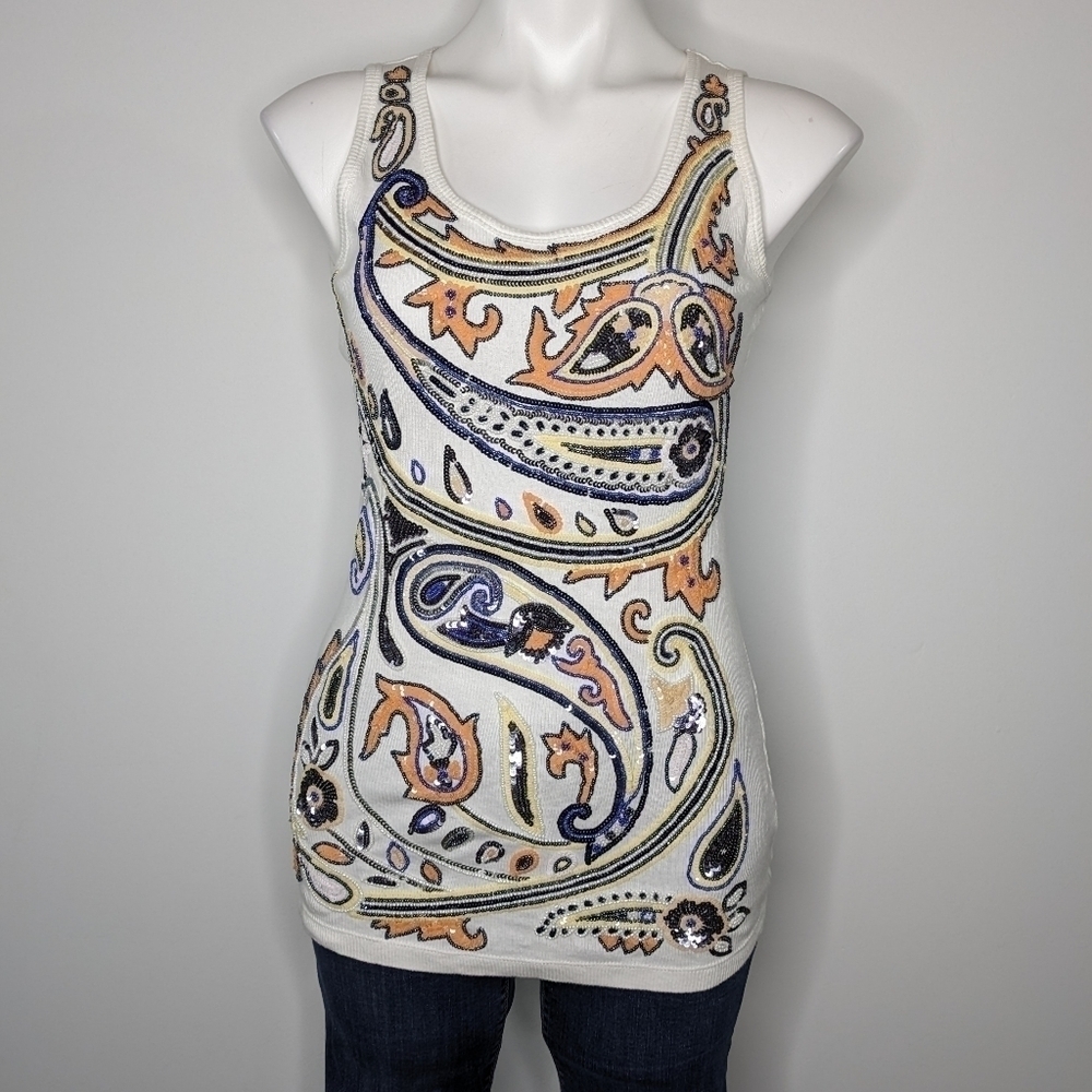 Boston Proper white orange blue fully beaded front tank top S